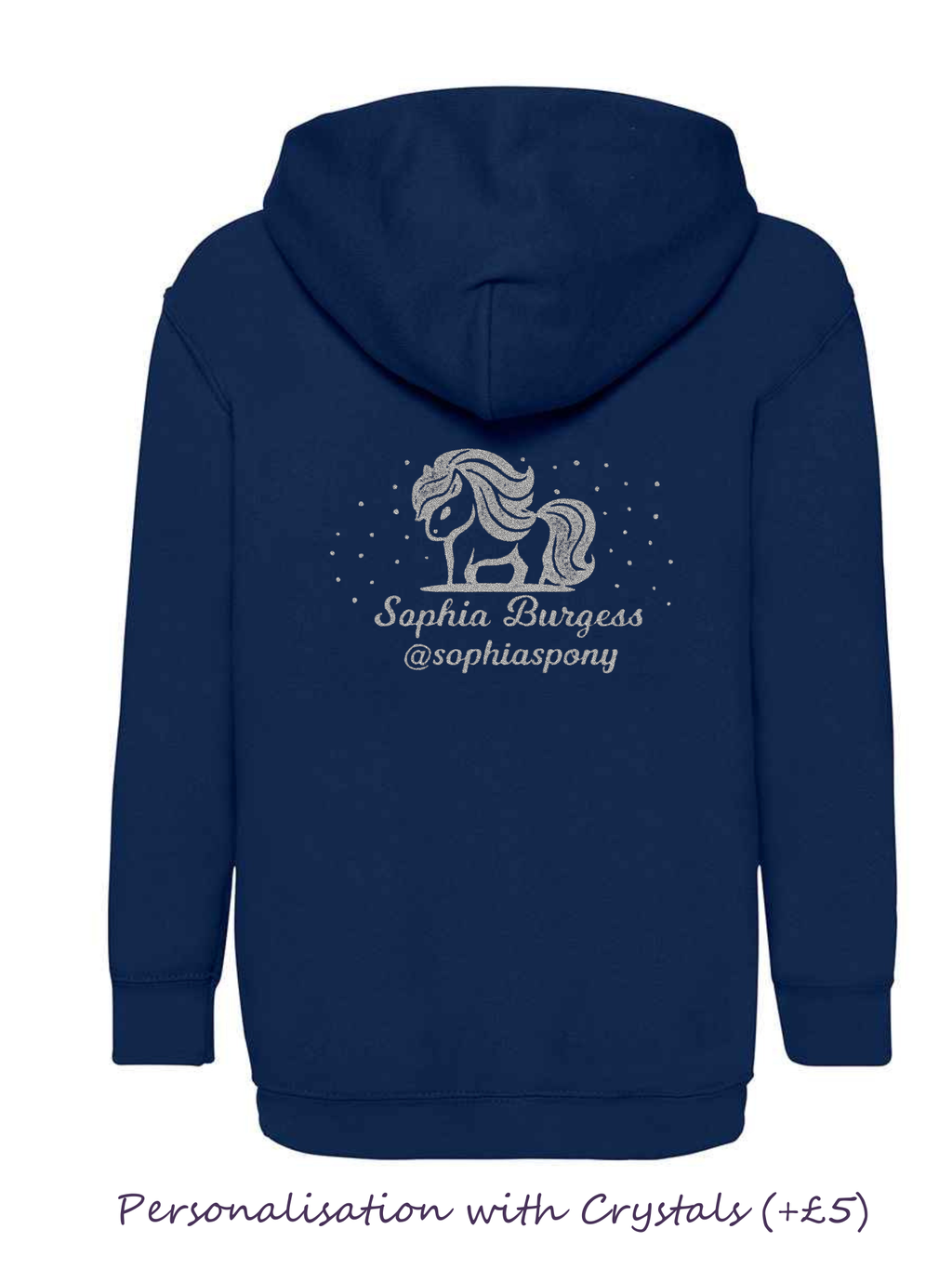 Personalised Pony Hoody Navy Blue with Silver Pony Logo and name
