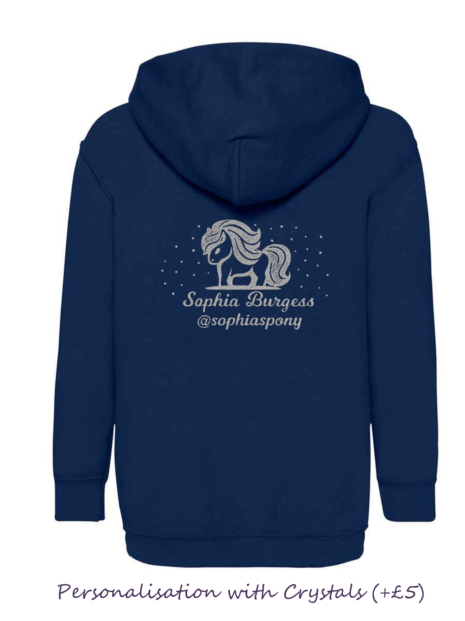 Personalised Pony Hoody Navy Blue with Silver Pony Logo and name