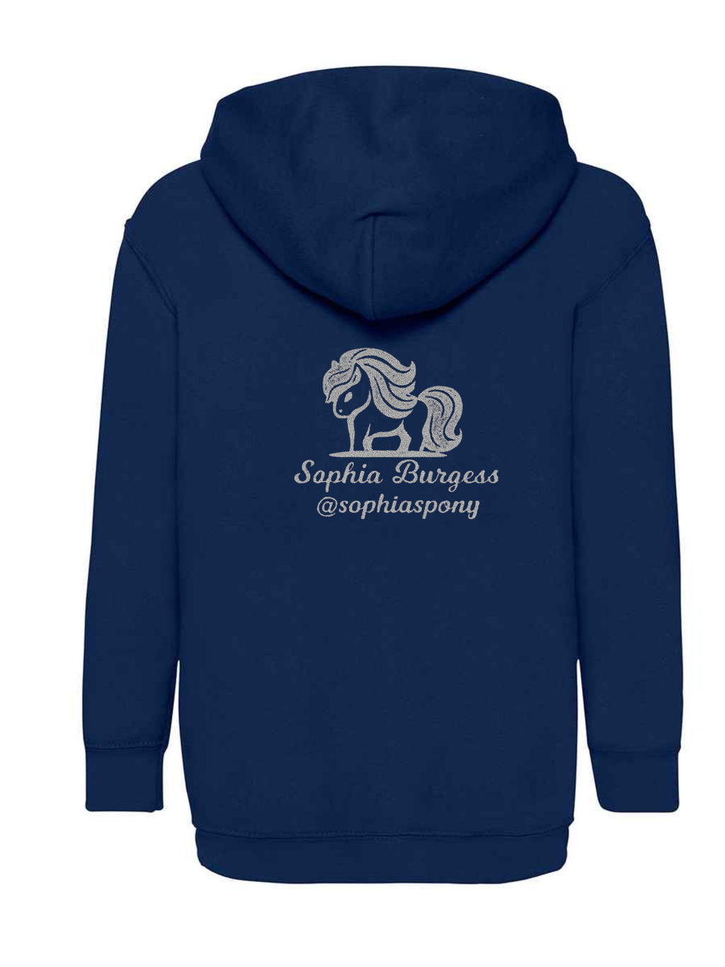 Personalised Pony Hoody Navy Blue with Silver Pony Logo and name