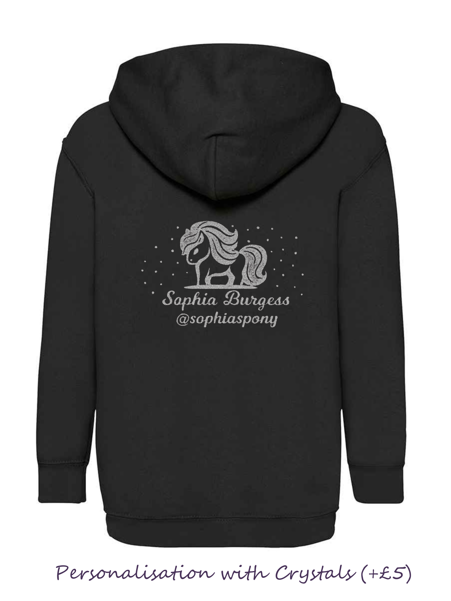 Personalised Pony Hoody Black with Silver Pony Logo and name