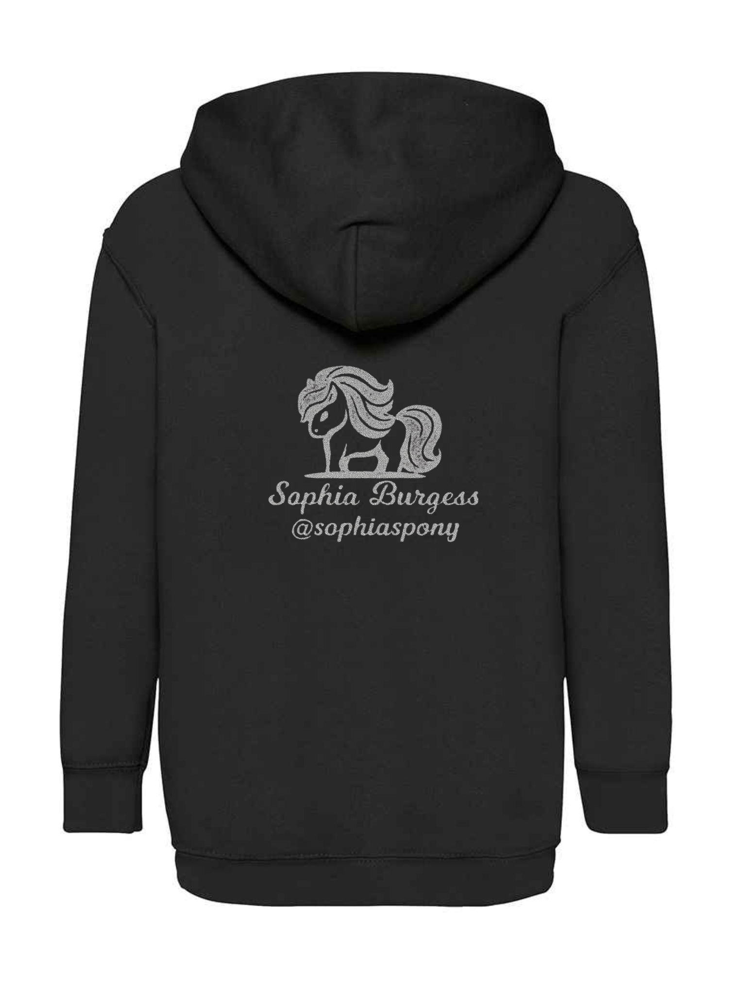 Personalised Pony Hoody Black with Silver Pony Logo and name