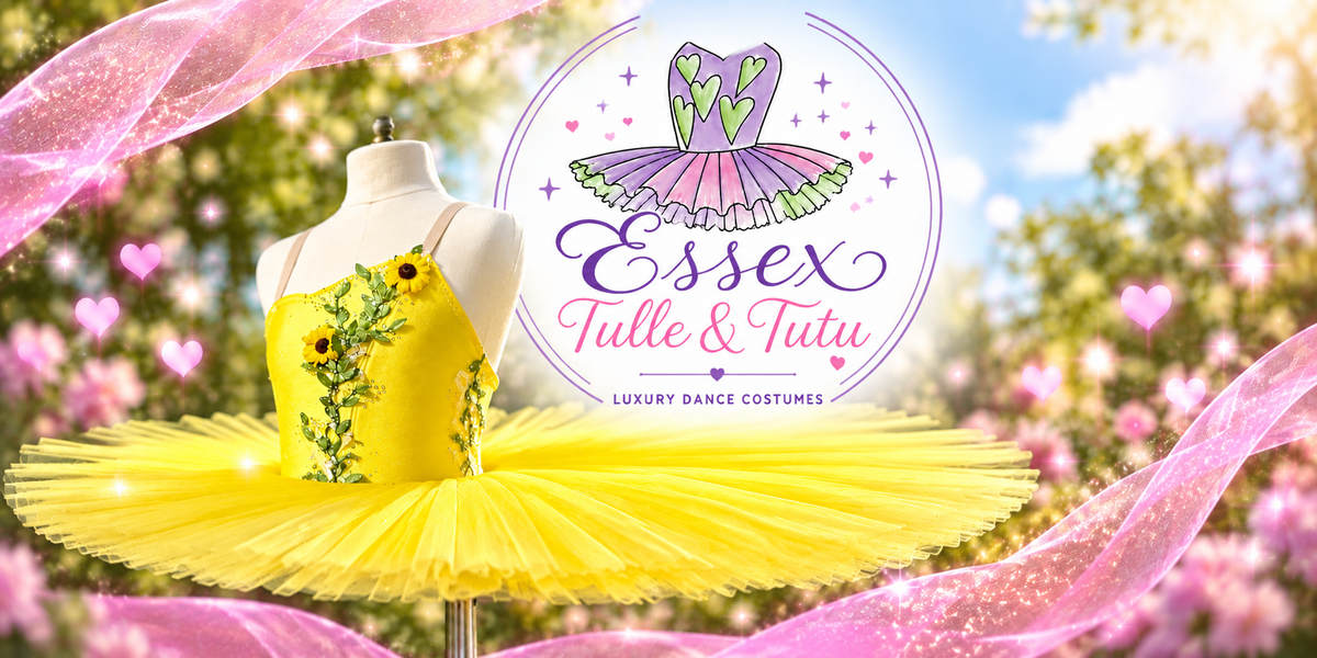 A yellow tutu costume with a sunflower-embroidered bodice displayed on a mannequin, with a large circular logo for 'Essex Tulle & Tutu' and pink glittery ribbons framing the scene against a blurred outdoor background.