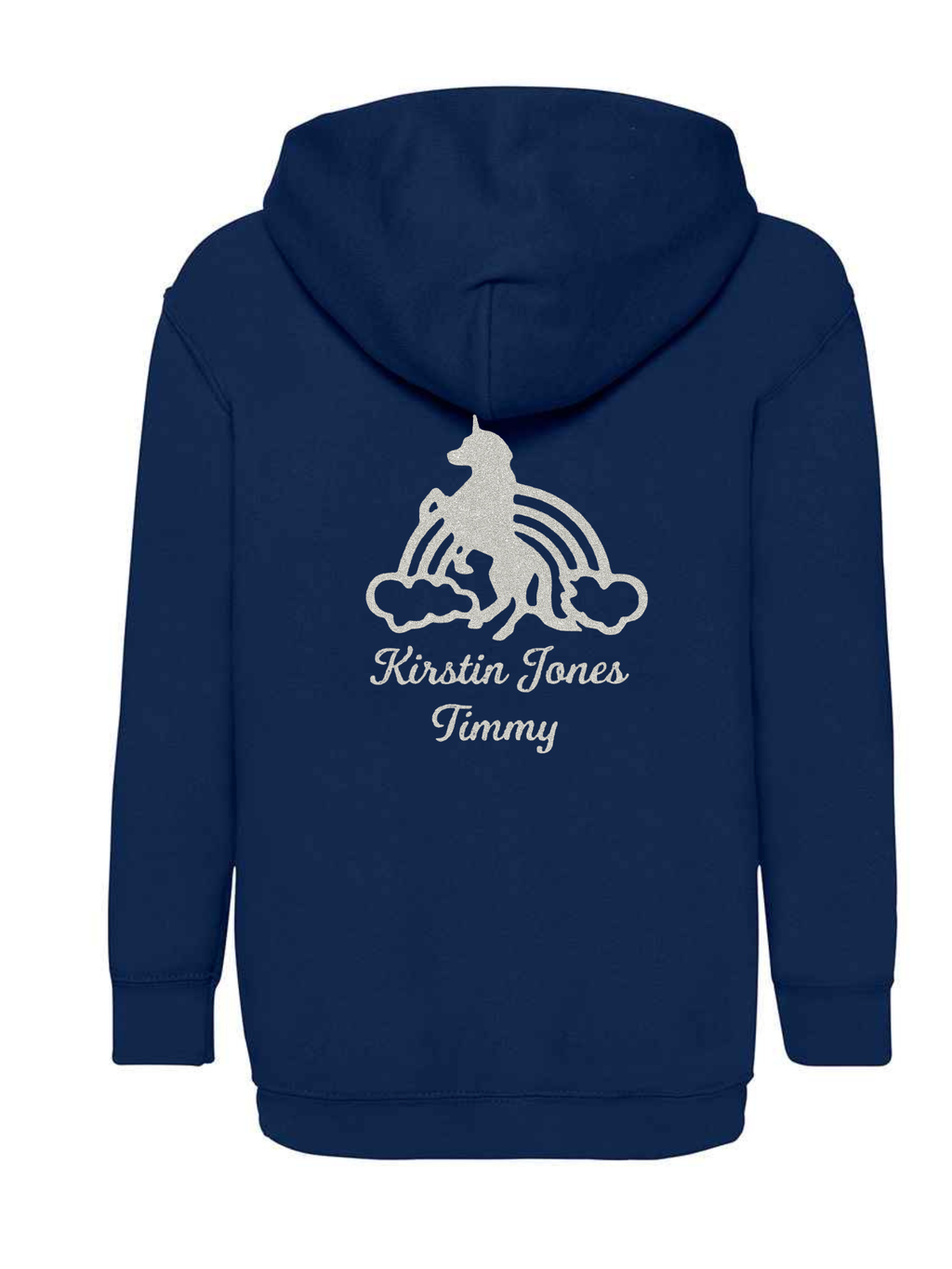 Personalised Hoody Navy with Silver Unicorn Rainbow and name