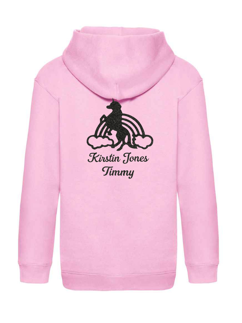 Personalised Hoody Pink with Black Unicorn Rainbow and name
