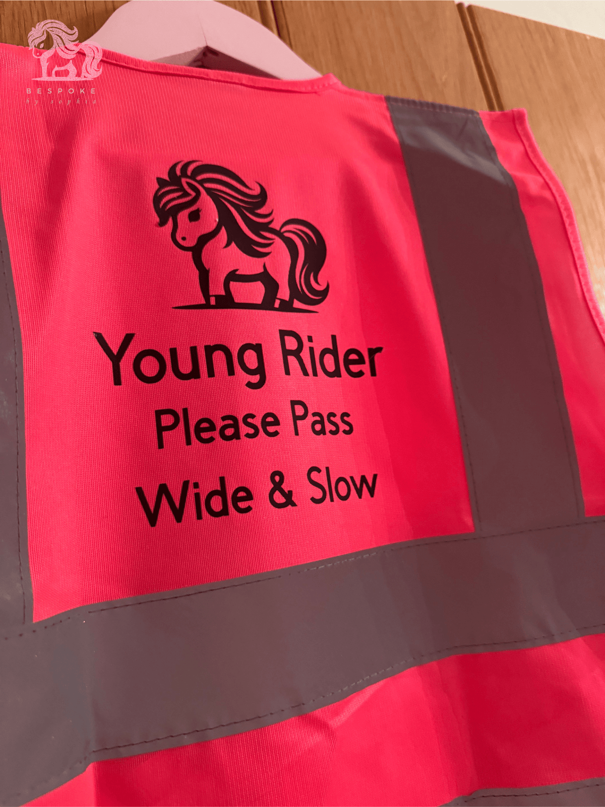 Kids hi vis vest pink - Young Rider Please Pass Wide & Slow - Bespoke By Sophia