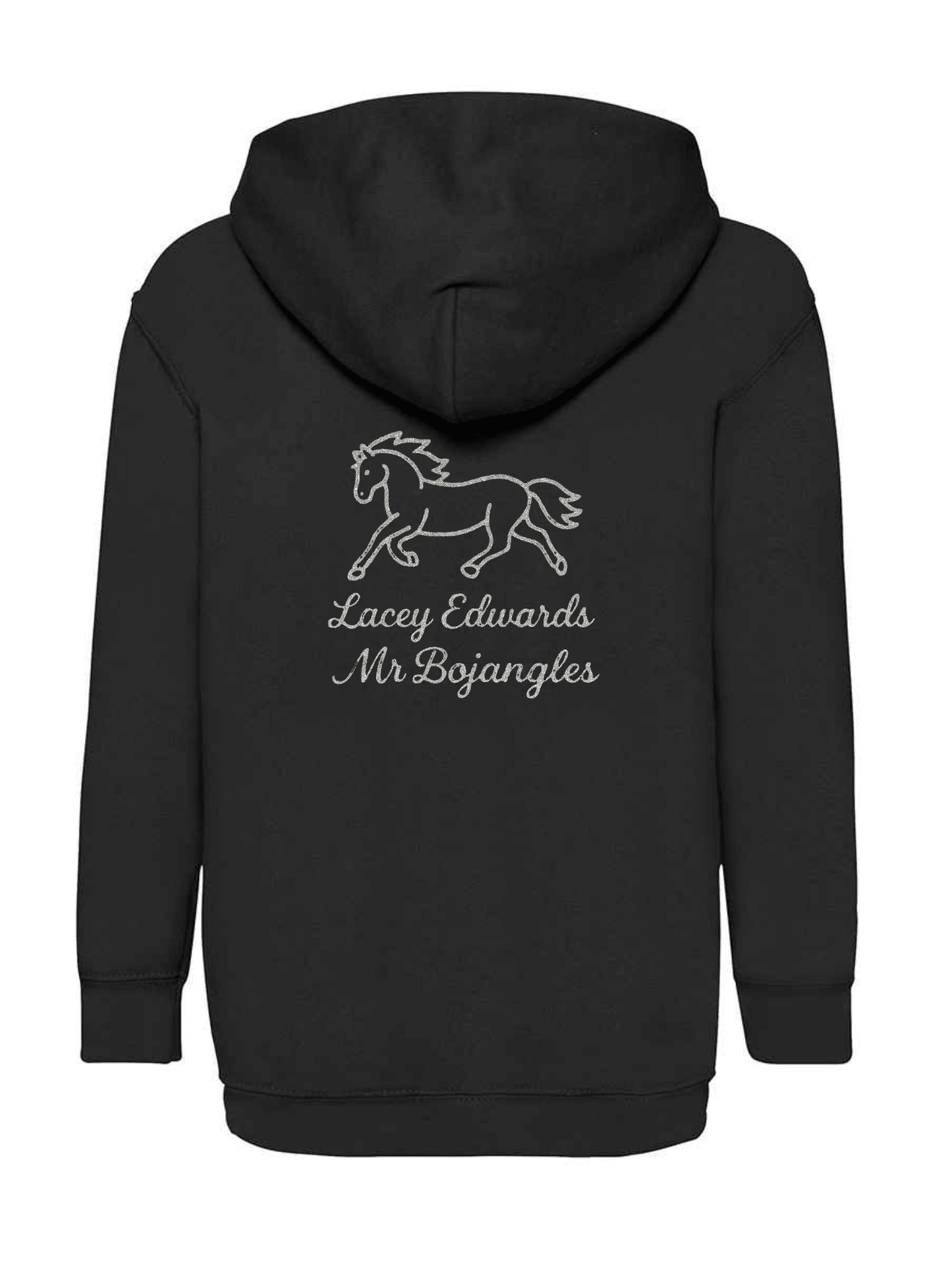 Personalised Hoody Black with Silver trotting pony and name - Bespoke By Sophia