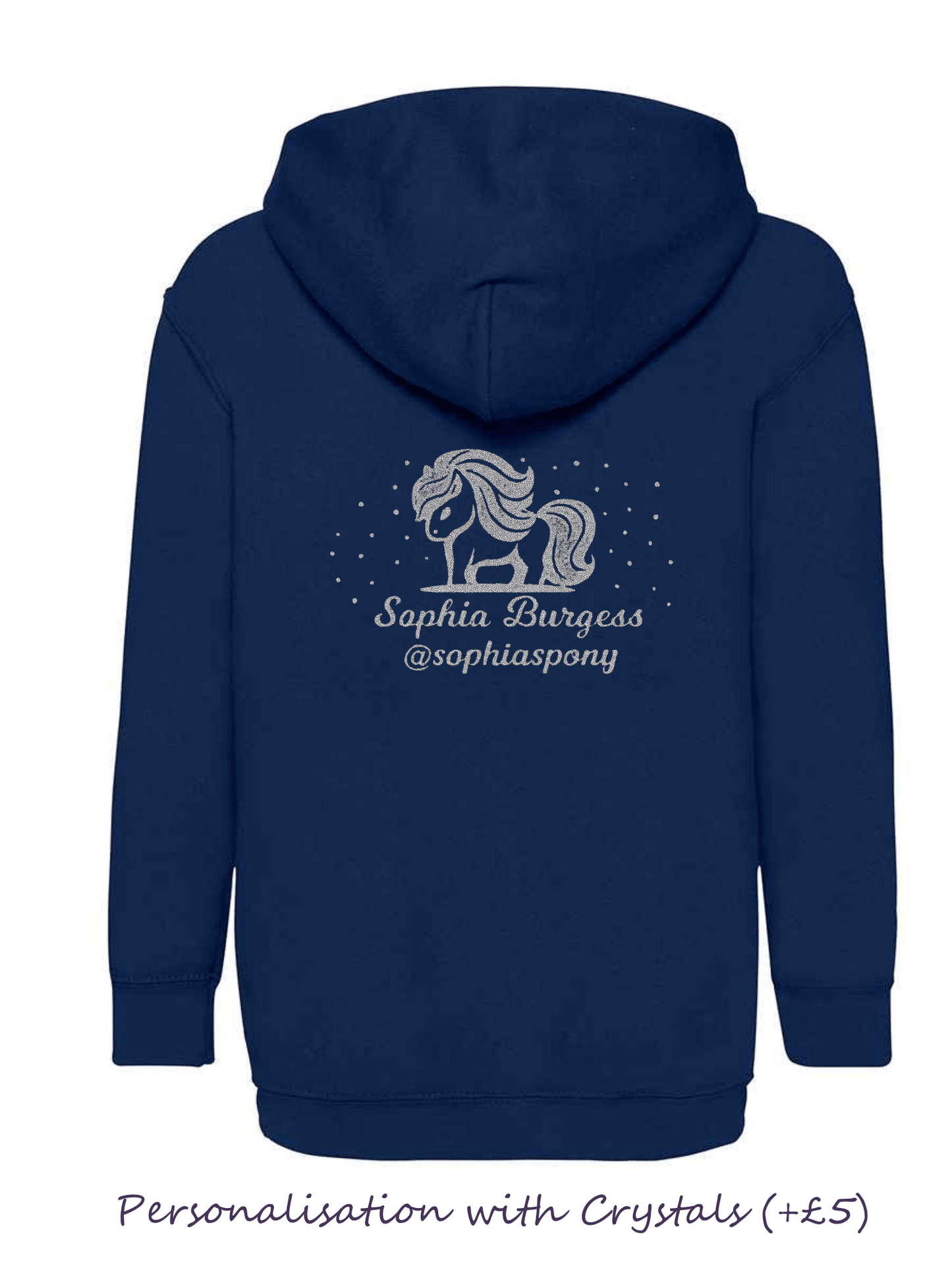 Personalised Pony Hoody Navy Blue with Silver Pony Logo and name - Bespoke By Sophia