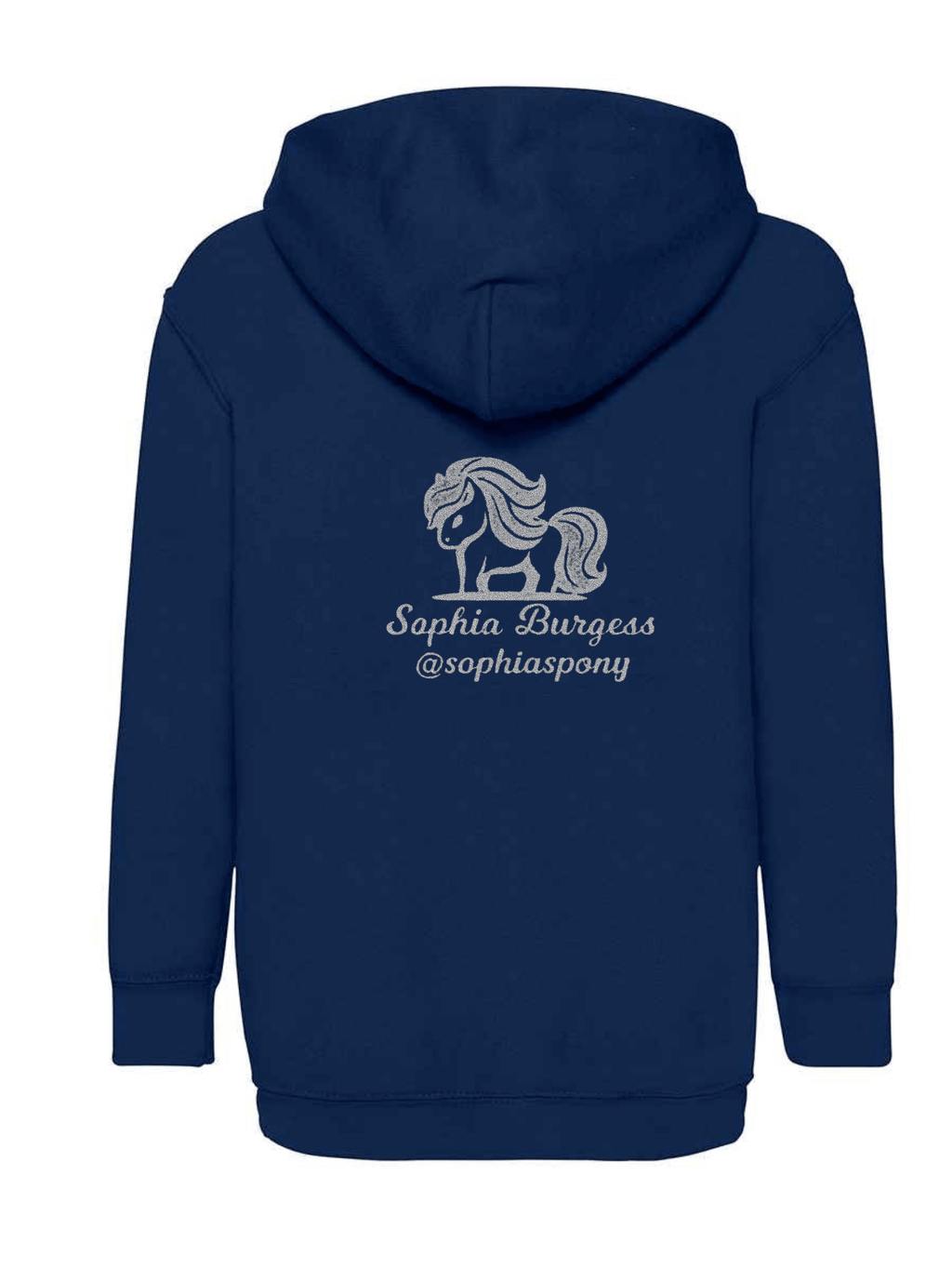 Personalised Pony Hoody Navy Blue with Silver Pony Logo and name - Bespoke By Sophia