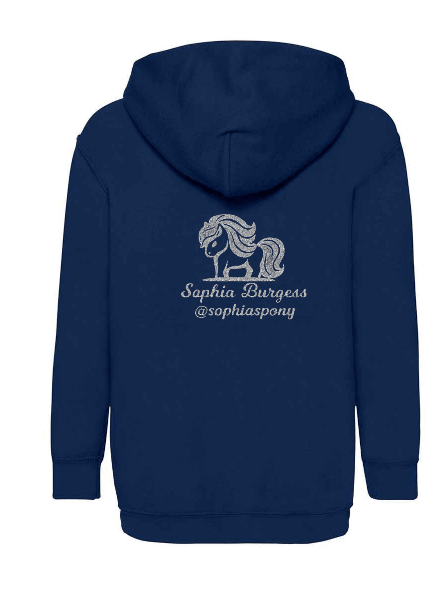 Personalised Pony Hoody Navy Blue with Silver Pony Logo and name - Bespoke By Sophia