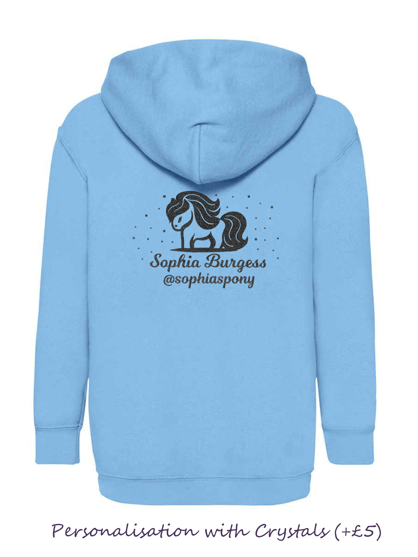 Personalised Pony Hoody Sky Blue with Black Pony Logo and name - Bespoke By Sophia