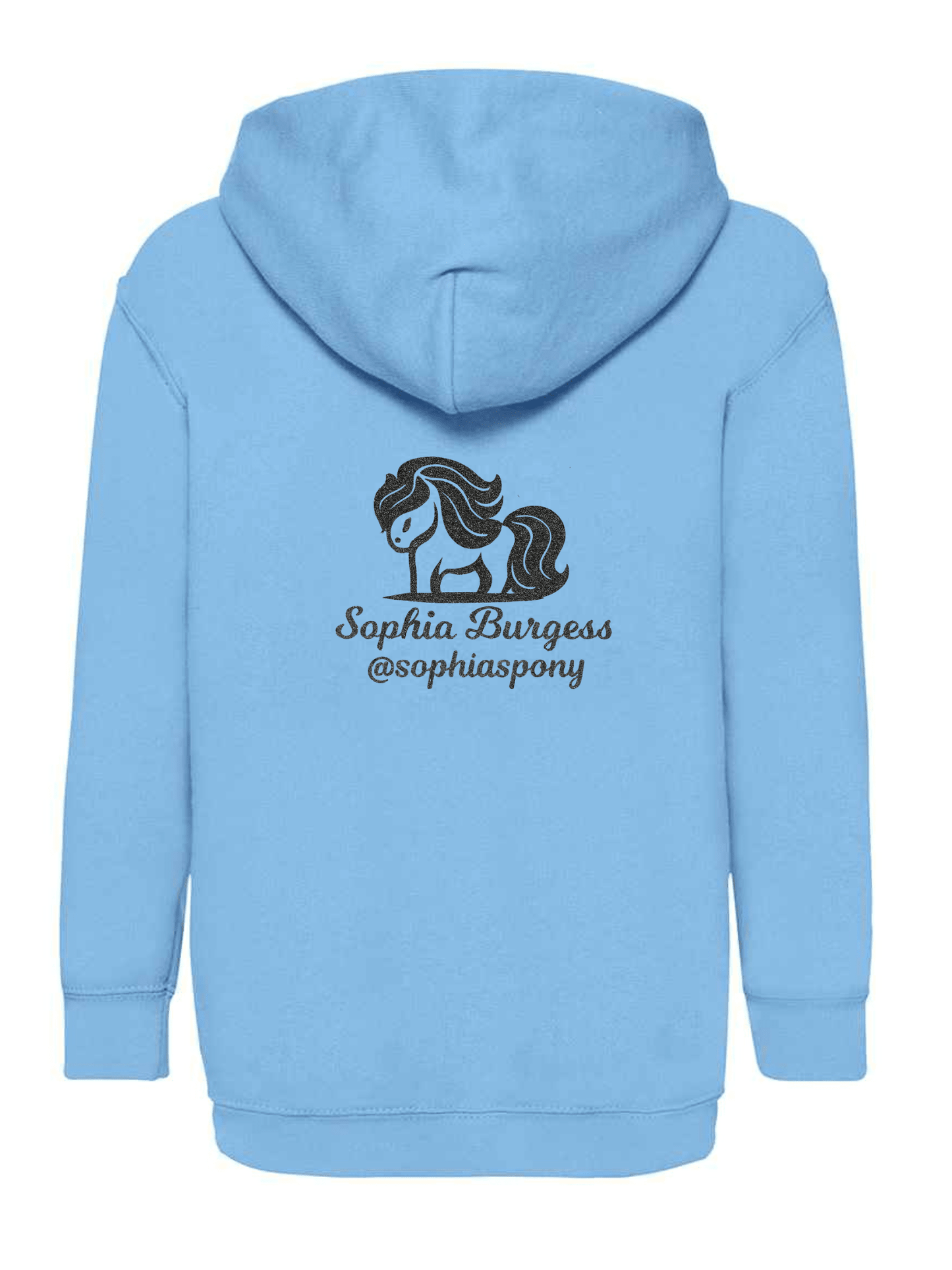 Personalised Pony Hoody Sky Blue with Black Pony Logo and name - Bespoke By Sophia