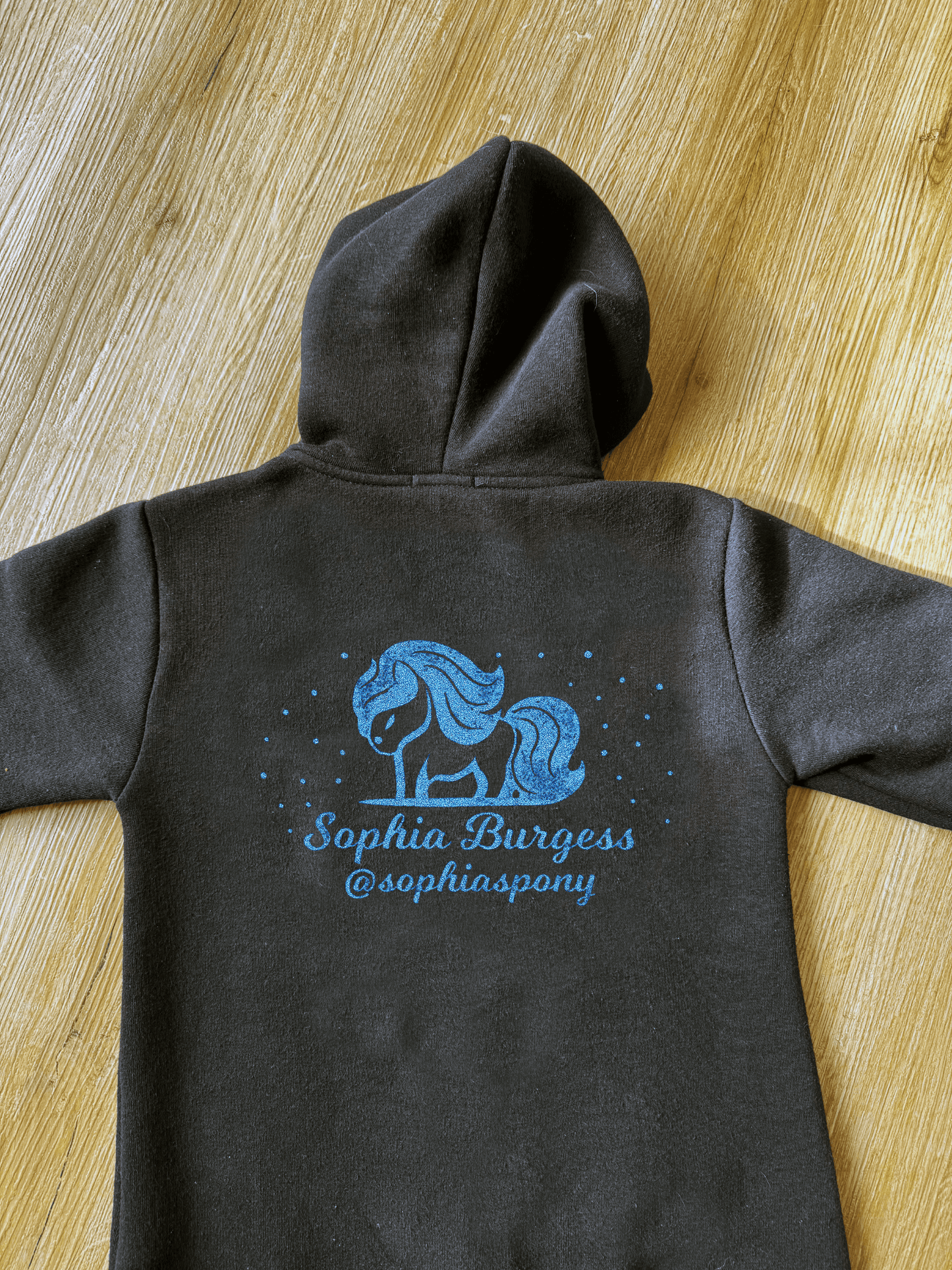 Personalised Pony Onesie Black with Blue Pony Logo and name - Bespoke By Sophia