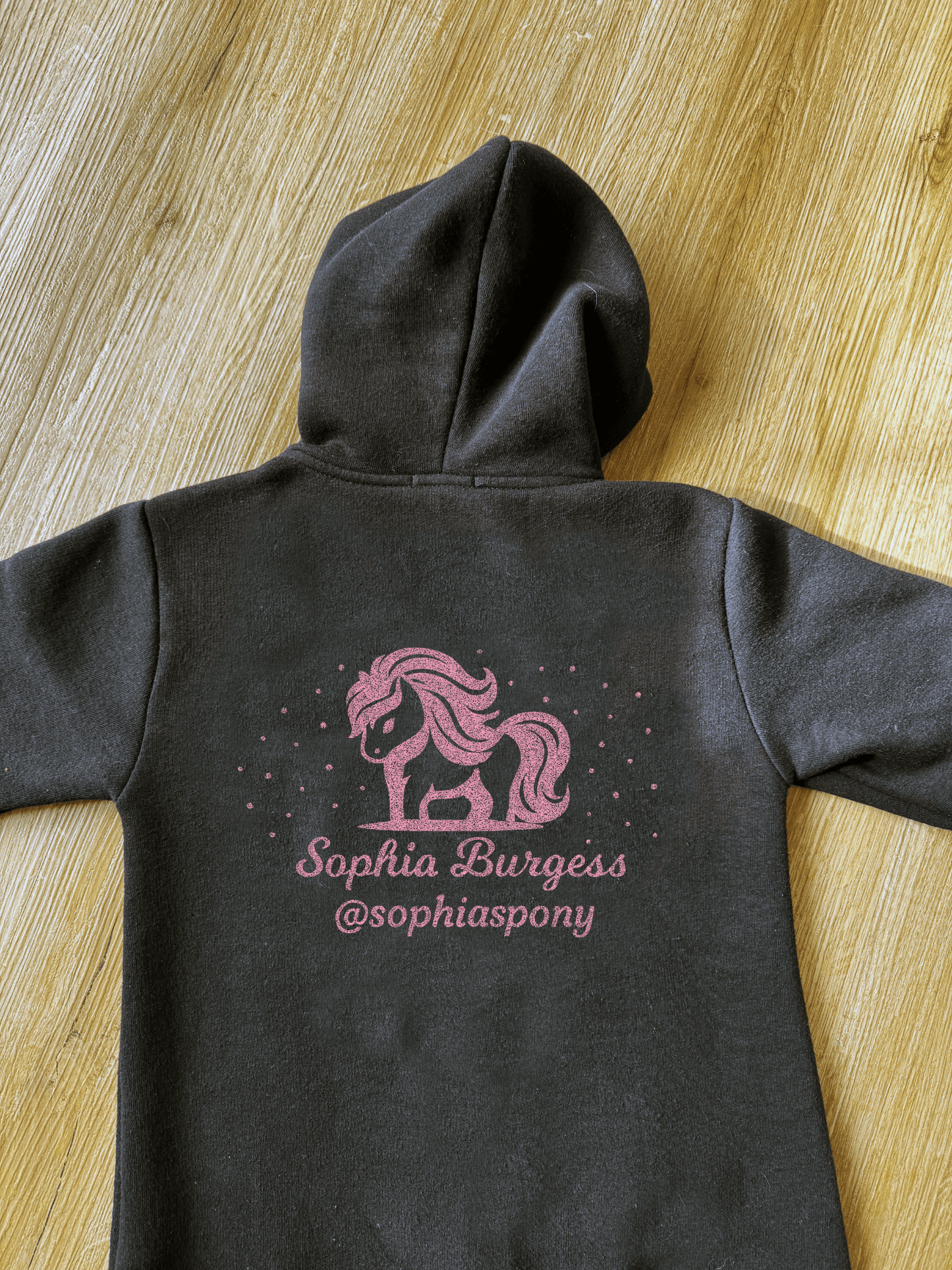 Personalised Pony Onesie Black with Pink Pony Logo and name - Bespoke By Sophia