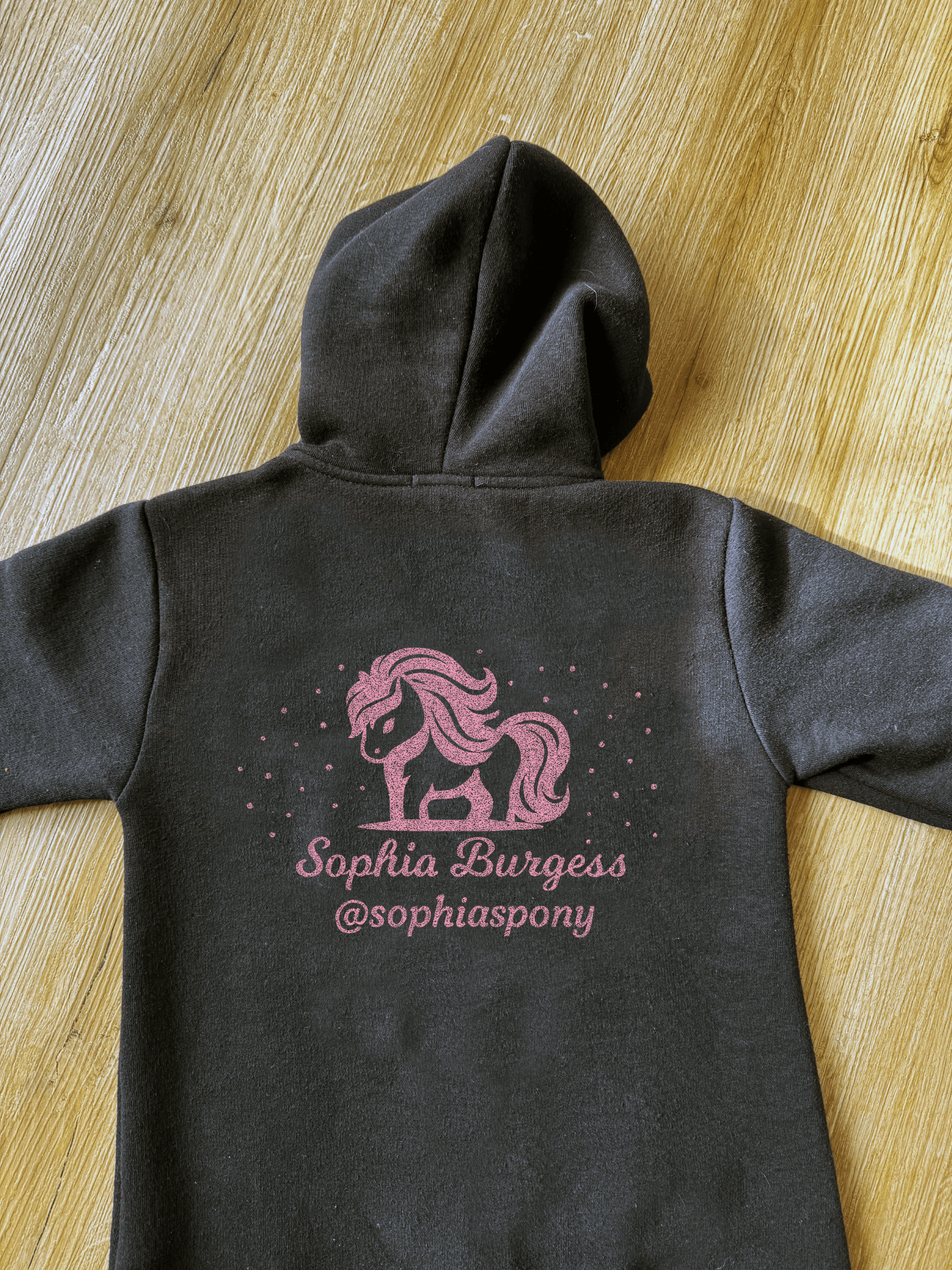 Personalised Pony Onesie Black with Pink Pony Logo and name - Bespoke By Sophia